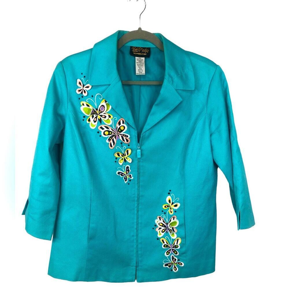 Bob Mackie Wearable Art Pantsuit Turquoise Pique Butterfly Appliqué 3/4 Sleeve
